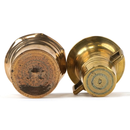131 - Two antique bronze mortars, the largest 9cm high x 10cm in diameter.
