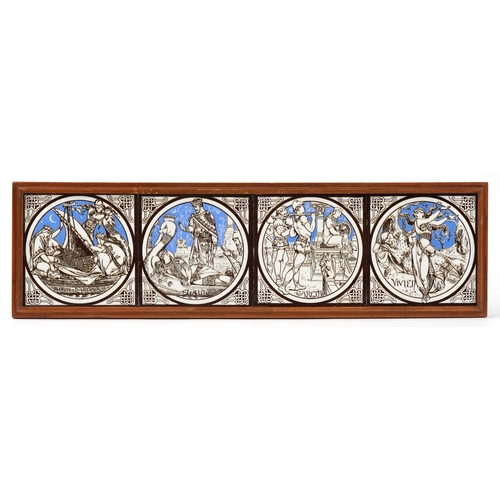 John Moyr Smith for Minton, set of four Victorian pottery tiles from the Idylls of the King series comprising Vivien, Gareth, Elaine and Morte d'Arthur, framed, overall 18cm x 64cm.
