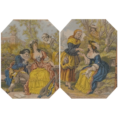 2357 - Two 19th century coloured engraving, one of a courting couple, each within a verre églomisé mount an... 
