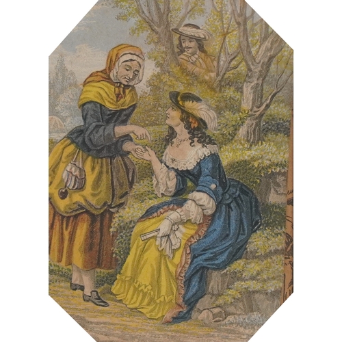 2357 - Two 19th century coloured engraving, one of a courting couple, each within a verre églomisé mount an... 