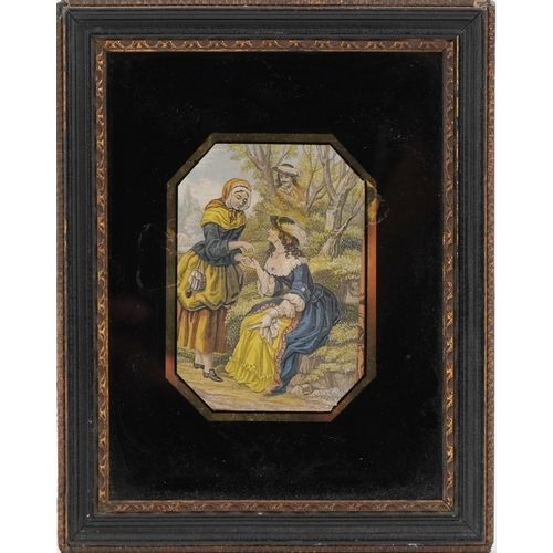 2357 - Two 19th century coloured engraving, one of a courting couple, each within a verre églomisé mount an... 