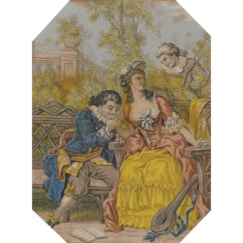 2357 - Two 19th century coloured engraving, one of a courting couple, each within a verre églomisé mount an... 