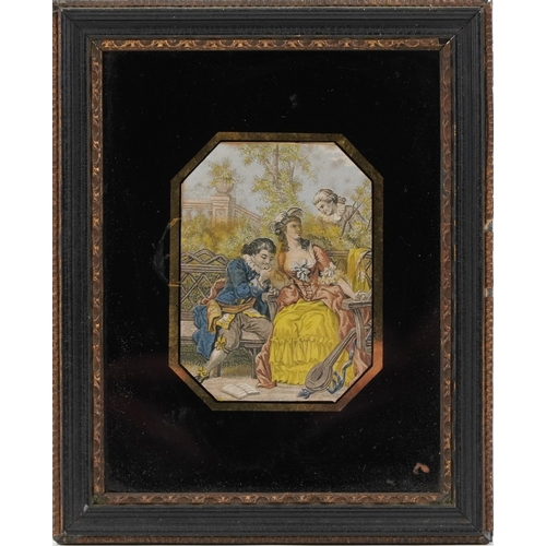 2357 - Two 19th century coloured engraving, one of a courting couple, each within a verre églomisé mount an... 