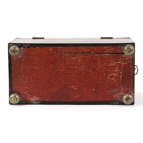 356 - Edwardian mahogany twin divisional tea caddy with lion head handles and glass mixing bowl, 17.5cm H ... 