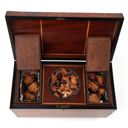 356 - Edwardian mahogany twin divisional tea caddy with lion head handles and glass mixing bowl, 17.5cm H ... 
