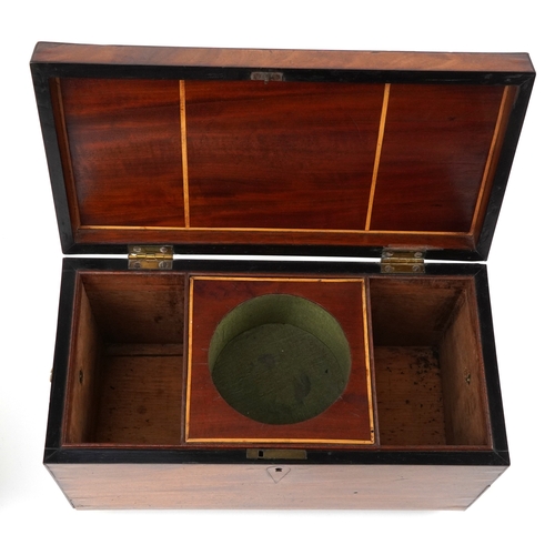 356 - Edwardian mahogany twin divisional tea caddy with lion head handles and glass mixing bowl, 17.5cm H ... 