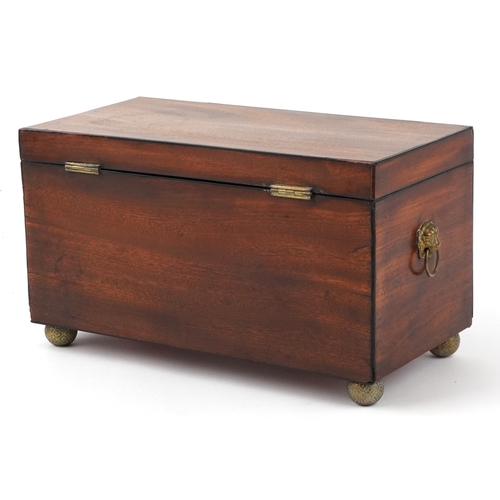 356 - Edwardian mahogany twin divisional tea caddy with lion head handles and glass mixing bowl, 17.5cm H ... 