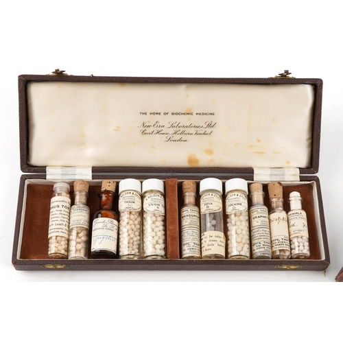 130 - Antique pharmaceutical glass bottles, some housed in a leather James Epps & Co. Ltd. Homeopathic Che... 