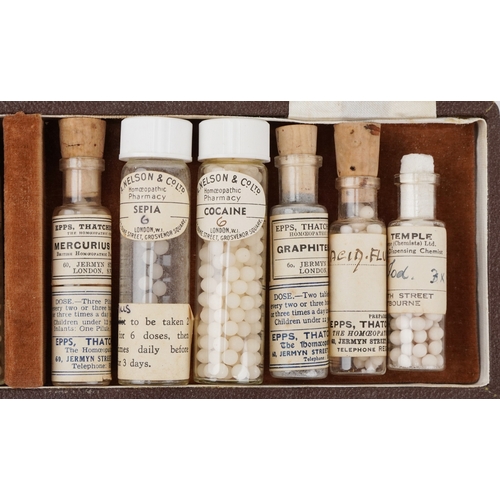 130 - Antique pharmaceutical glass bottles, some housed in a leather James Epps & Co. Ltd. Homeopathic Che... 