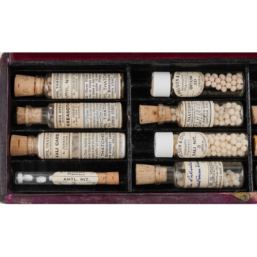 130 - Antique pharmaceutical glass bottles, some housed in a leather James Epps & Co. Ltd. Homeopathic Che... 