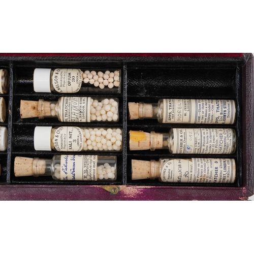 130 - Antique pharmaceutical glass bottles, some housed in a leather James Epps & Co. Ltd. Homeopathic Che... 