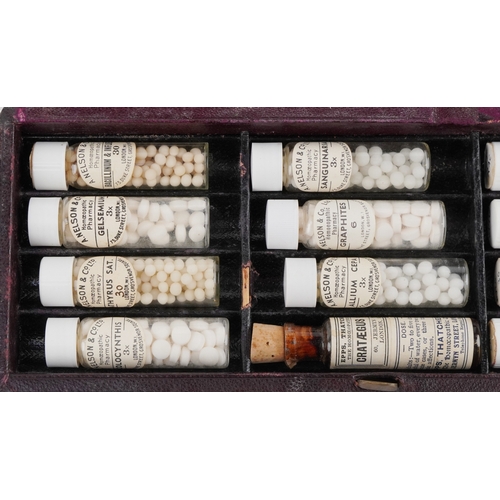 130 - Antique pharmaceutical glass bottles, some housed in a leather James Epps & Co. Ltd. Homeopathic Che... 