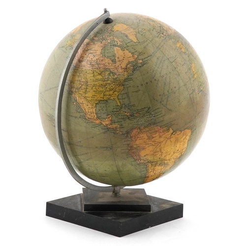 353 - George Philip & Son twelve inch terrestrial globe raised on a plinth base, 34cm high.