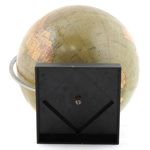 353 - George Philip & Son twelve inch terrestrial globe raised on a plinth base, 34cm high.