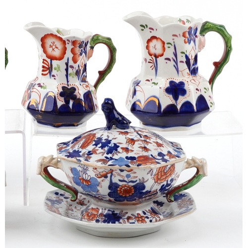 2379 - 19th century ironstone including Allertons Gaudy Welsh jugs and Mason's lidded tureens in the imari ... 