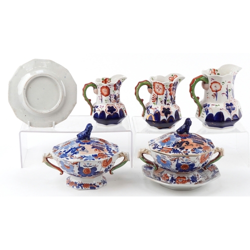 2379 - 19th century ironstone including Allertons Gaudy Welsh jugs and Mason's lidded tureens in the imari ... 