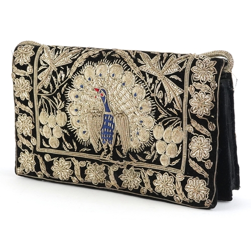 1247 - 20th century Indian Zardozi velvet bag with metal thread, embroidered with peacocks and foliage, 20c... 
