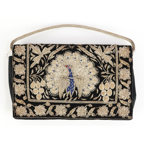1247 - 20th century Indian Zardozi velvet bag with metal thread, embroidered with peacocks and foliage, 20c... 