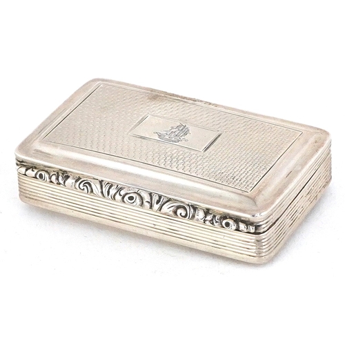 534 - Nathaniel Mills, William IV silver engine turned snuff box, the hinged lid engraved with a crest, Bi... 