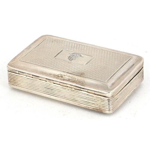 534 - Nathaniel Mills, William IV silver engine turned snuff box, the hinged lid engraved with a crest, Bi... 