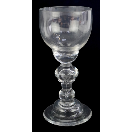 12 - 18th century baluster wine glass, 15.5cm high.