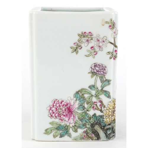 191 - Chinese porcelain brush pot hand painted with birds of paradise amongst foliage, character marks to ... 