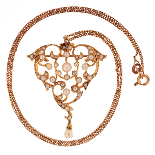 3016 - Edwardian 18ct gold seed pearl openwork brooch pendant on a 9ct gold necklace, 1.7cm high and 44cm i... 
