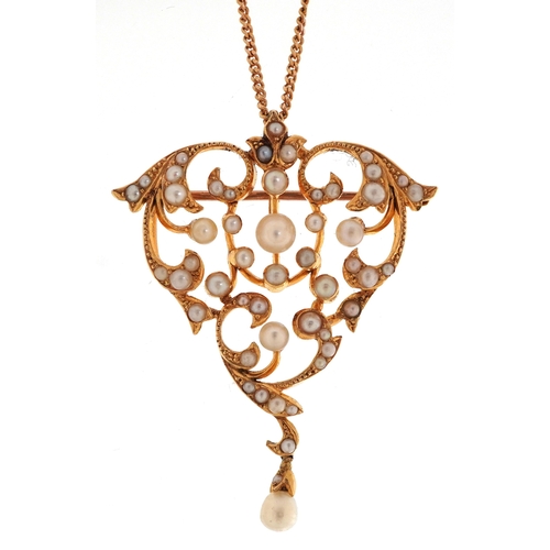 3016 - Edwardian 18ct gold seed pearl openwork brooch pendant on a 9ct gold necklace, 1.7cm high and 44cm i... 