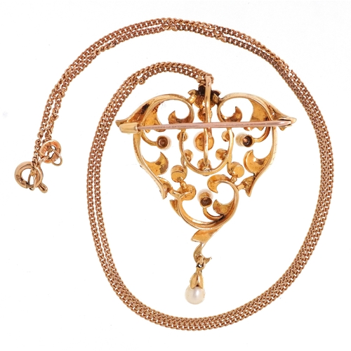 3016 - Edwardian 18ct gold seed pearl openwork brooch pendant on a 9ct gold necklace, 1.7cm high and 44cm i... 