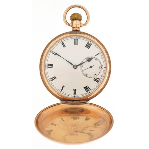 3006 - George V 9ct gold cased full hunter pocket watch having enamelled dial with Roman numerals, Birmingh... 