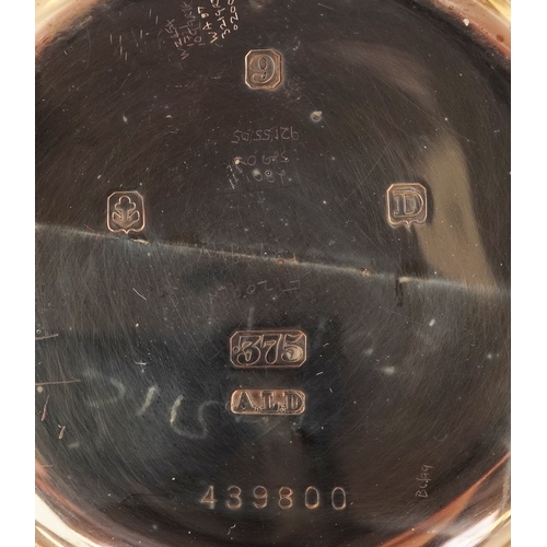 3006 - George V 9ct gold cased full hunter pocket watch having enamelled dial with Roman numerals, Birmingh... 