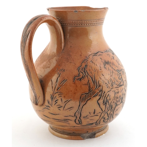 18 - Hannah Barlow for Doulton Lambeth, stoneware jug incised with a goat protecting its kid from a dog, ... 