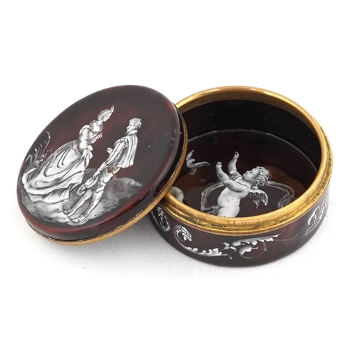 45 - Antique French enamelled copper trinket box and cover, the lid hand painted with a courting couple a... 