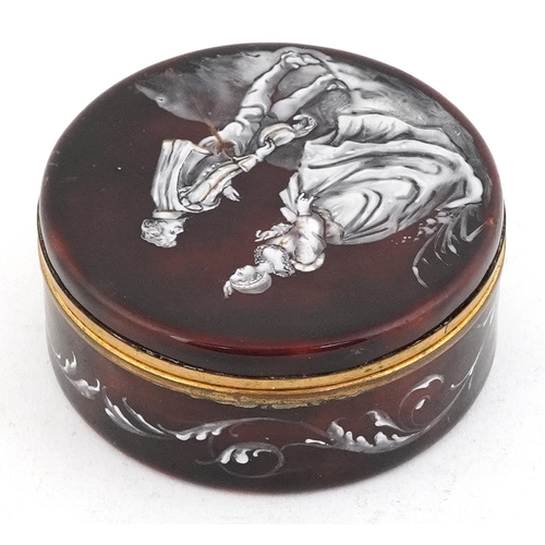 45 - Antique French enamelled copper trinket box and cover, the lid hand painted with a courting couple a... 