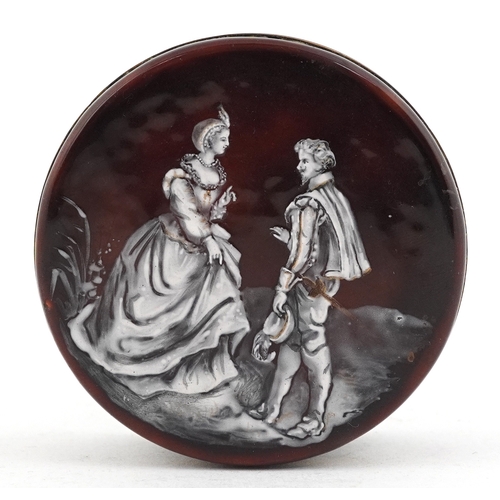 45 - Antique French enamelled copper trinket box and cover, the lid hand painted with a courting couple a... 
