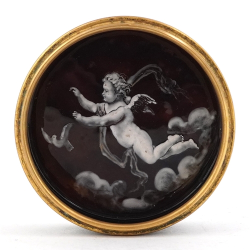 45 - Antique French enamelled copper trinket box and cover, the lid hand painted with a courting couple a... 