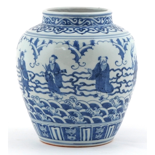 55 - Chinese blue and white porcelain vase hand painted with figures and crashing waves, six figure chara... 