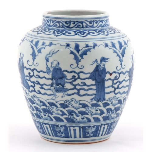 55 - Chinese blue and white porcelain vase hand painted with figures and crashing waves, six figure chara... 