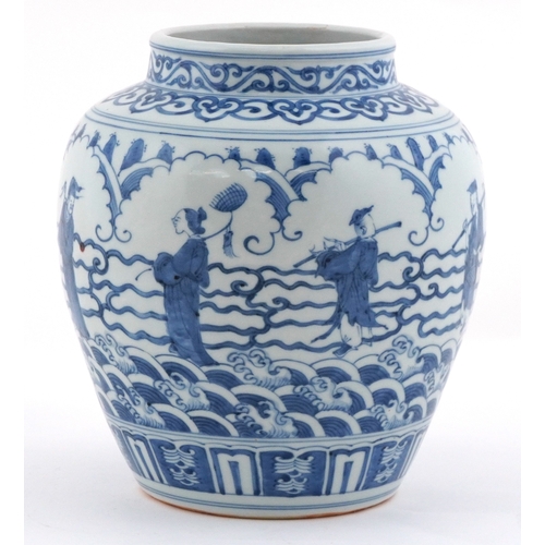 55 - Chinese blue and white porcelain vase hand painted with figures and crashing waves, six figure chara... 