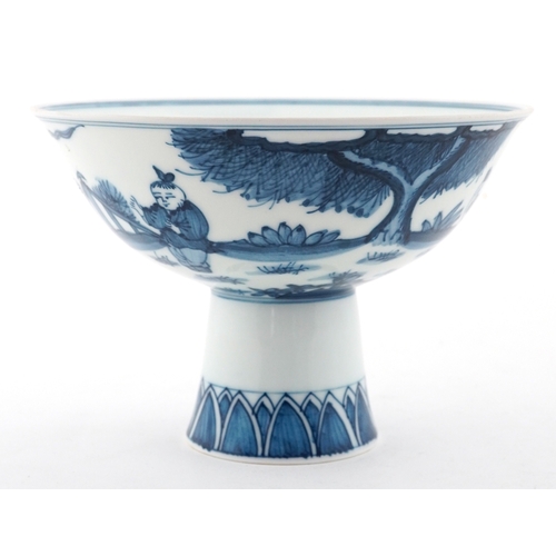 60 - Chinese blue and white porcelain pedestal bowl hand painted with children, character marks to the ba... 