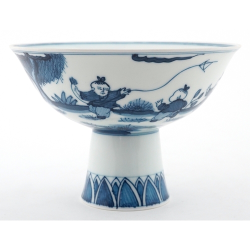 60 - Chinese blue and white porcelain pedestal bowl hand painted with children, character marks to the ba... 