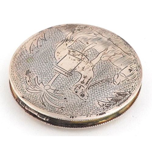549 - Vintage 835 grade silver compact engraved with a camel, 6.5cm in diameter, total 36.5g.