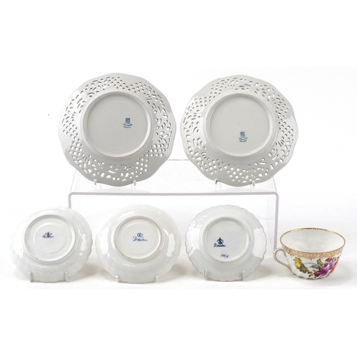306 - Dresden porcelain teacup with three saucers, hand painted with floral sprays and gilded decoration t... 
