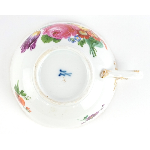 307 - 19th century Meissen porcelain teacup and saucer hand painted with floral sprays having moulded bask... 