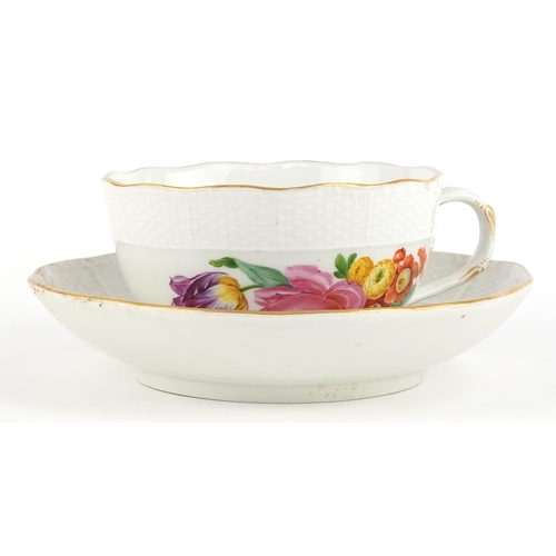 307 - 19th century Meissen porcelain teacup and saucer hand painted with floral sprays having moulded bask... 