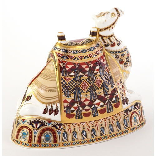 1007 - Royal Crown Derby Harrods Camel paperweight, gold coloured stopper to the base, 17cm high, boxed.