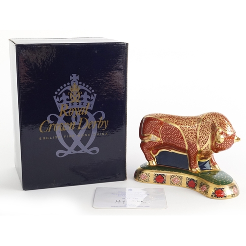 1003 - Royal Crown Derby Harrods Bull, editioned 77/400, gold coloured stopper to the base, 19cm wide, with... 