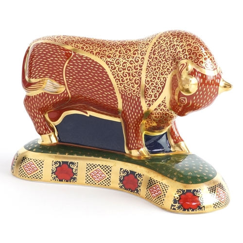 1003 - Royal Crown Derby Harrods Bull, editioned 77/400, gold coloured stopper to the base, 19cm wide, with... 