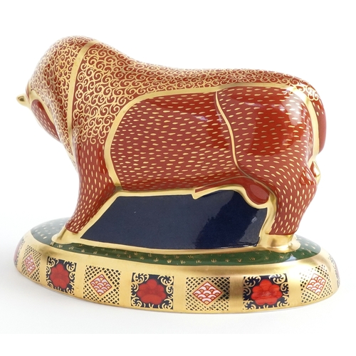 1003 - Royal Crown Derby Harrods Bull, editioned 77/400, gold coloured stopper to the base, 19cm wide, with... 