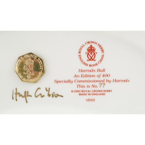 1003 - Royal Crown Derby Harrods Bull, editioned 77/400, gold coloured stopper to the base, 19cm wide, with... 